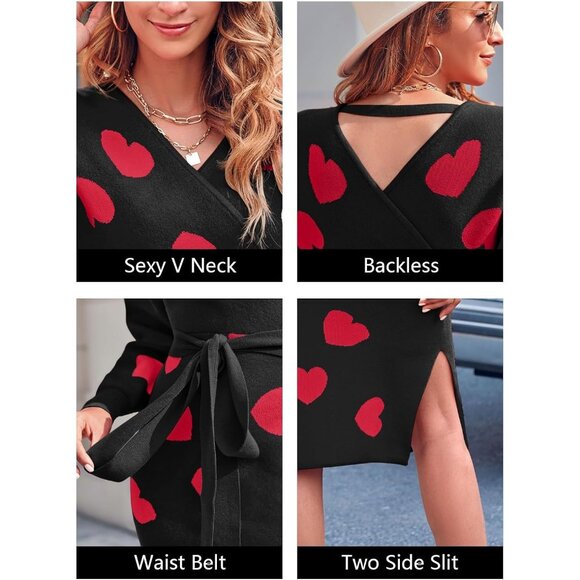 Women's Sweater Dress Wrap Batwing V Neck Slit Bodycon Dress Valentine Black - Picture 4 of 5